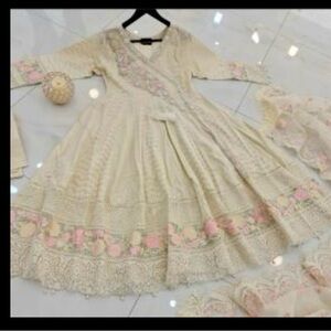 Elegant Cream and Pink Embroidered Dress